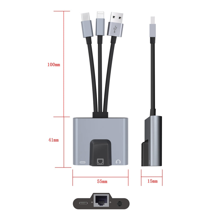 NK-1056S 3 in 1 8 Pin, Type-C, USB to 8 Pin Charging, Ethernet Port, 3.5mm Earphone Multifunctional Converter, NK-1056S