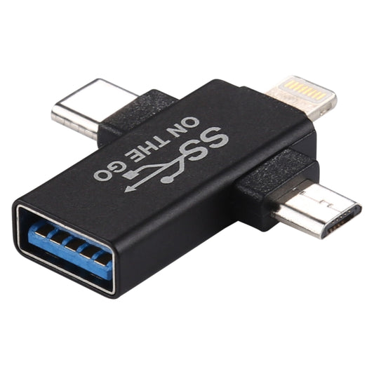 3 in 1 USB 3.0 to 8 Pin + Micro USB + USB-C / Type-C Interface Multifunctional OTG Adapter