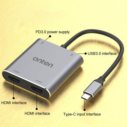 Onten 9175K 4 in 1 USB-C / Type-C to Dual HDMI + USB 3.0 + PD3.0 USB-C / Type-C Charging Port 4K HD Video Converter, 9175K