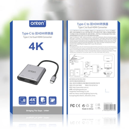 Onten 9175K 4 in 1 USB-C / Type-C to Dual HDMI + USB 3.0 + PD3.0 USB-C / Type-C Charging Port 4K HD Video Converter, 9175K
