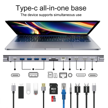 Onten 9199 12 in 1 USB-C / Type-C to USB-C / Type-C + TF / SD Card Slot + RJ45 + 3.5mm Audio + PD USB-C / Type-C Charging + 2 HDMI + 4 USB 3.0 Ports Multifunctional HUB Converter Docking Station, 9199