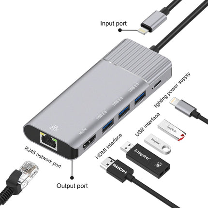 79591 6 in 1 8 Pin to RJ45 + HDMI + 8 Pin Charging + 3 USB 2.0 Ports Multifunctional HUB Converter Docking Station, 79591