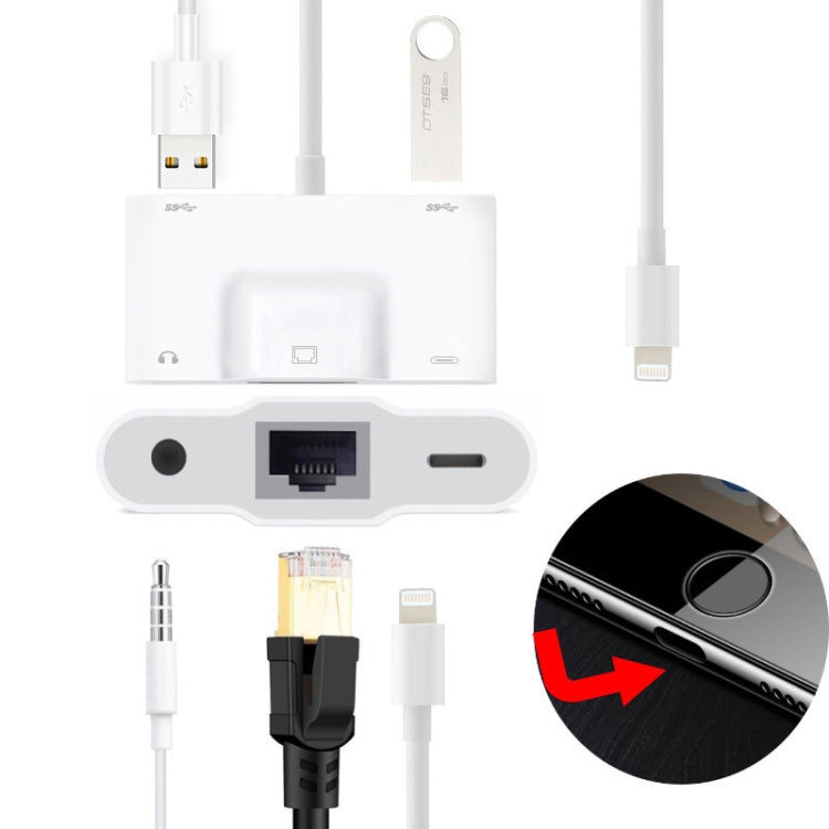 NK-1033 5 in 1 8 Pin Male to Dual USB + 3.5mm AUX + Ethernet + 8 Pin Power Female Adapter, NK-1033