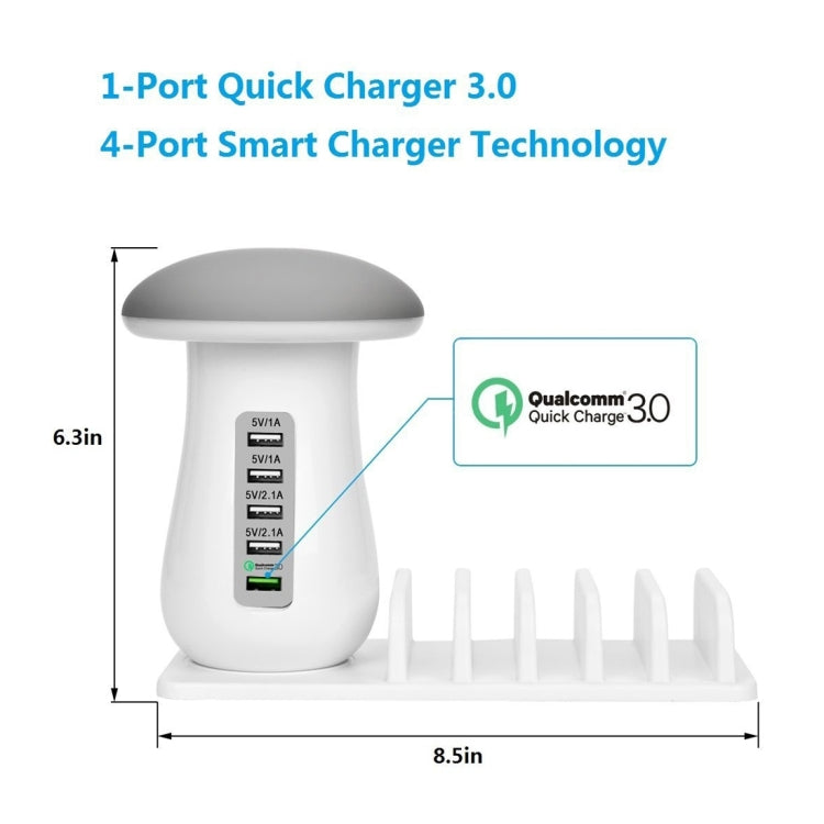 XLD888 5 Ports (2 x 5V/1A + 2 x 5V/2.1A + 1 x QC3.0) USB Charger Mushroom Light Desk Lamp Charger with Phone Holder, XLD888 EU, XLD888 UK, XLD888 US