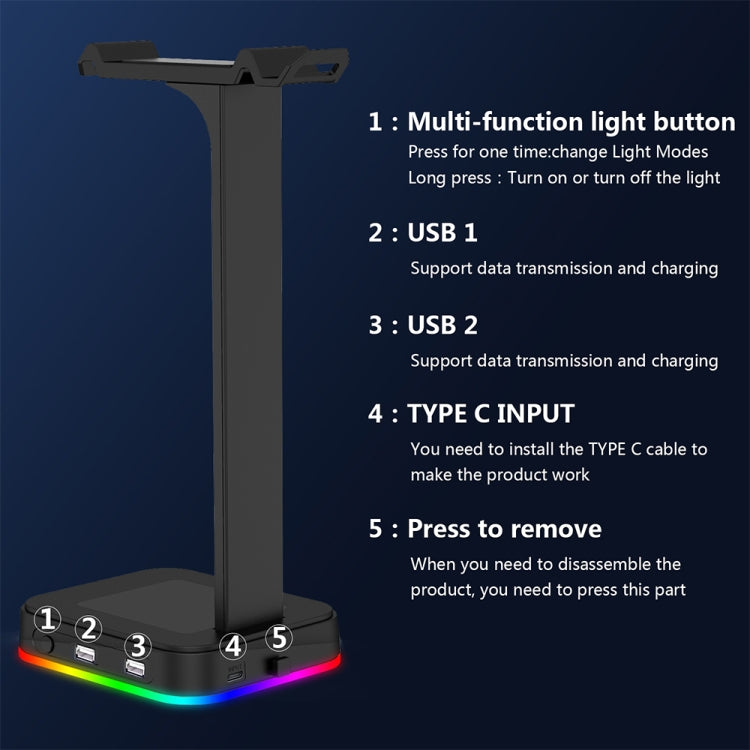 RGBD9 Colorful Glowing Gaming Headset Display Stand with Charging + Data Transmission Dual USB Interface