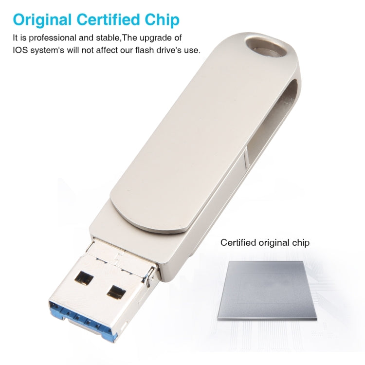 3 in 1 64G Micro USB + 8 Pin + Type-C Metal Rotating Push-pull Flash Disk with OTG Function, 64G USB + 8 Pin + Type-C