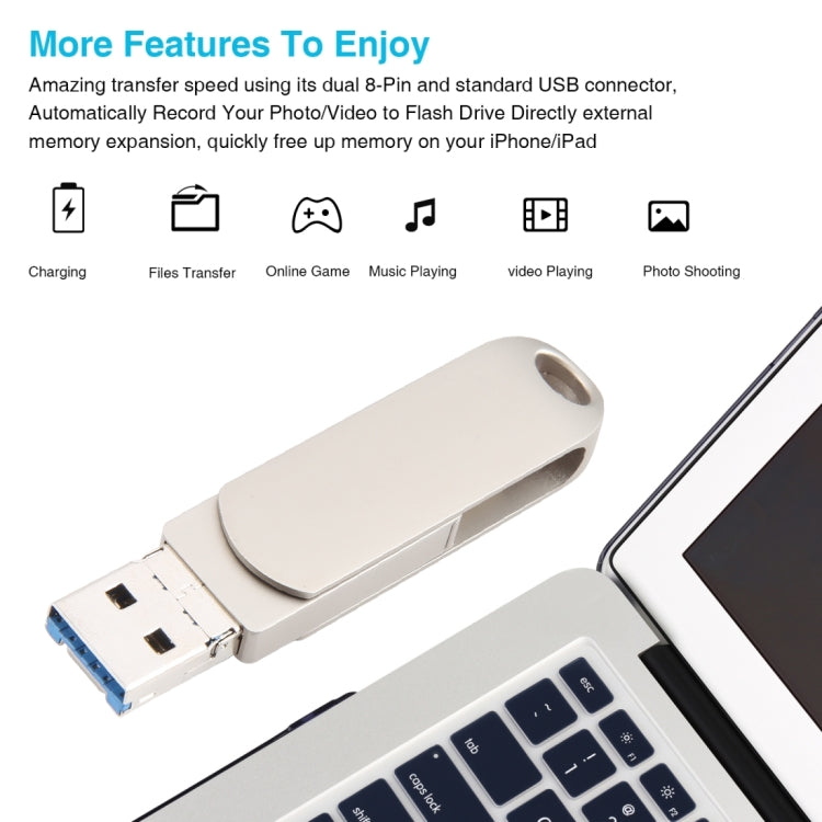 3 in 1 64G Micro USB + 8 Pin + Type-C Metal Rotating Push-pull Flash Disk with OTG Function, 64G USB + 8 Pin + Type-C