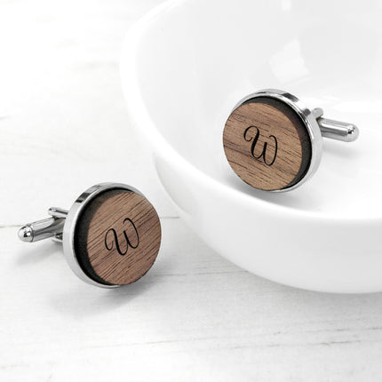 Monogrammed Engraved Round Walnut Cufflinks