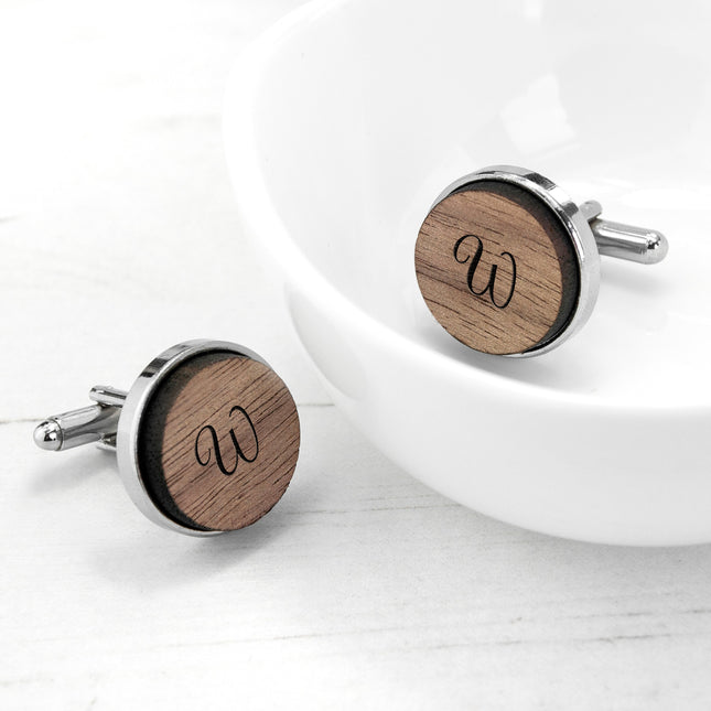 Monogrammed Engraved Round Walnut Cufflinks