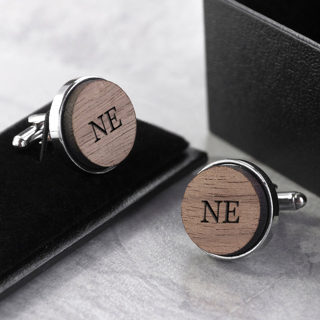 Monogrammed Engraved Round Walnut Cufflinks