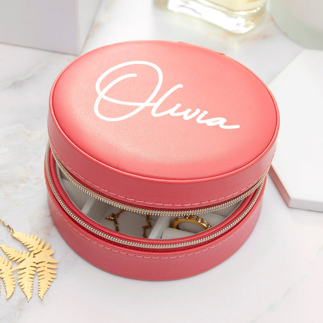 Personalised Coral Round Travel Jewellery Case