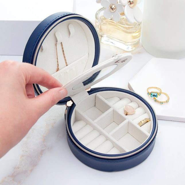Personalised Navy Blue Round Travel Jewellery Case