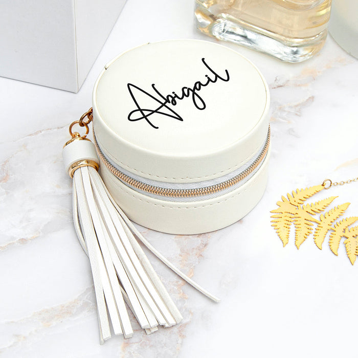 Personalised White Travel Jewellery Case with Tassel