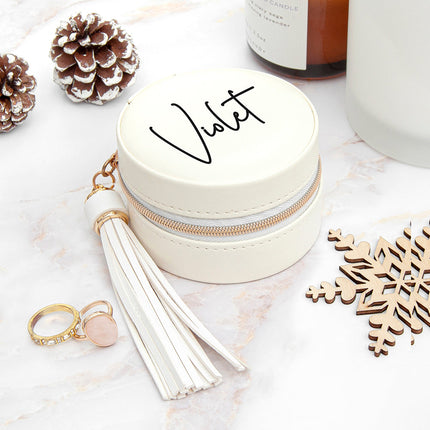 Personalised White Travel Jewellery Case with Tassel