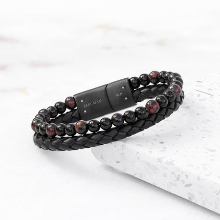 Personalised Men's Tigers Eye Bead and Leather Bracelet