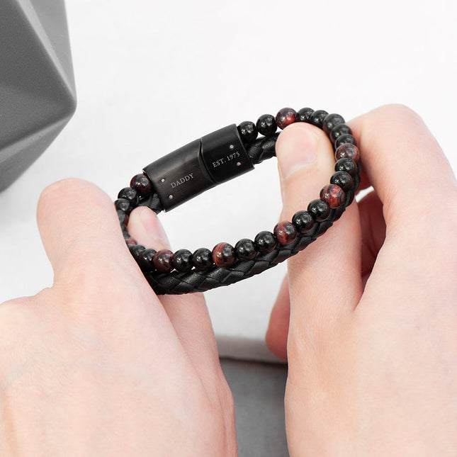 Personalised Men's Tigers Eye Bead and Leather Bracelet