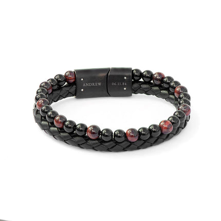 Personalised Men's Tigers Eye Bead and Leather Bracelet
