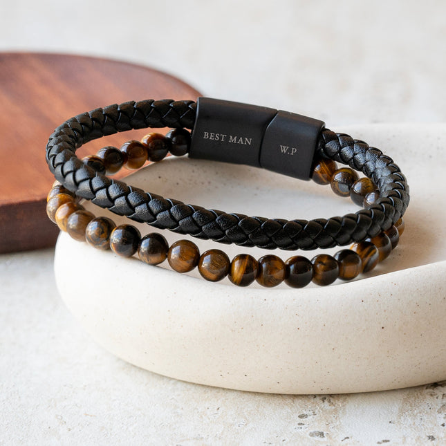 Personalised Men's Tigers Eye Bead and Leather Bracelet