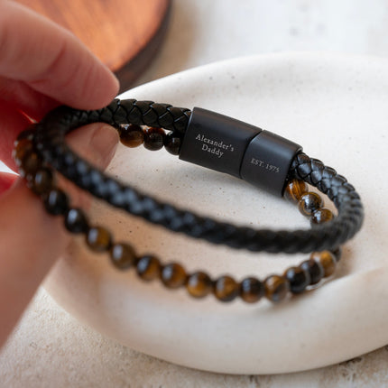 Personalised Men's Tigers Eye Bead and Leather Bracelet