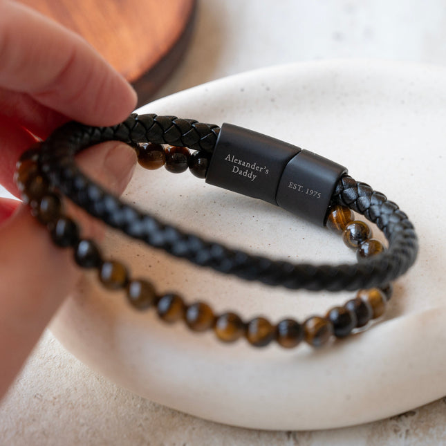Personalised Men's Tigers Eye Bead and Leather Bracelet