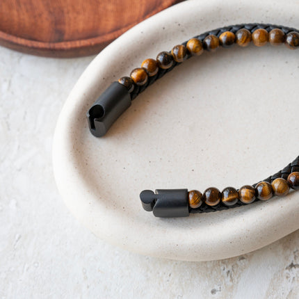 Personalised Men's Tigers Eye Bead and Leather Bracelet