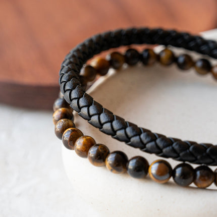 Personalised Men's Tigers Eye Bead and Leather Bracelet