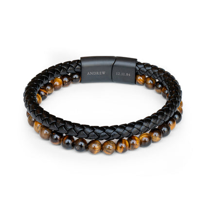 Personalised Men's Tigers Eye Bead and Leather Bracelet