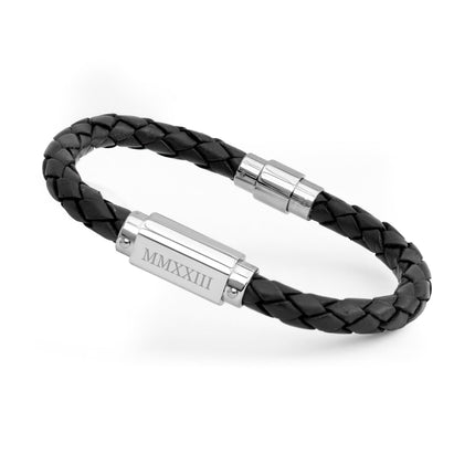 Personalised Men's Roman Numerals Luxury Black Leather Bracelet