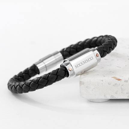 Personalised Men's Roman Numerals Luxury Black Leather Bracelet