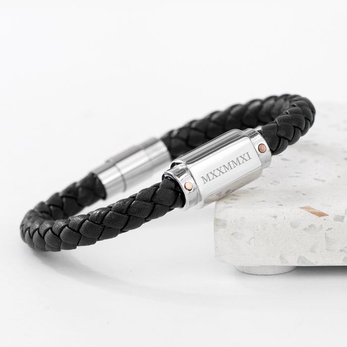 Personalised Men's Roman Numerals Luxury Black Leather Bracelet
