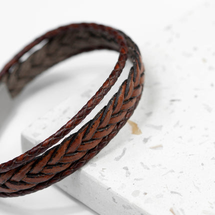 Personalised Men's Woven Layered Brown Leather Bracelet