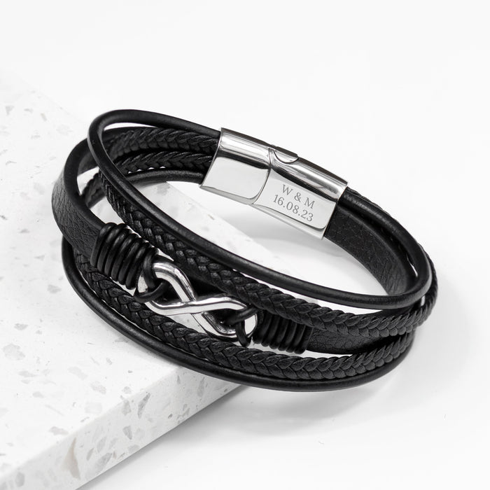 Personalised Men's Silver Infinity Black Leather Stacked Bracelet