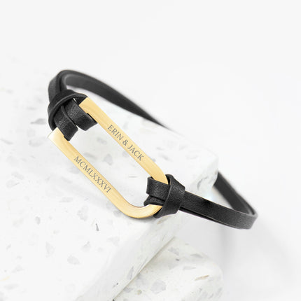 Personalised Men's Shoreditch Gold Bar Black Leather Bracelet