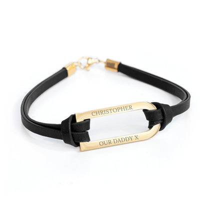 Personalised Men's Shoreditch Gold Bar Black Leather Bracelet