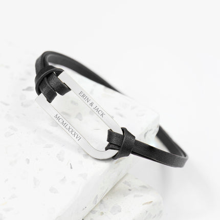 Personalised Men's Shoreditch Silver Bar Black Leather Bracelet