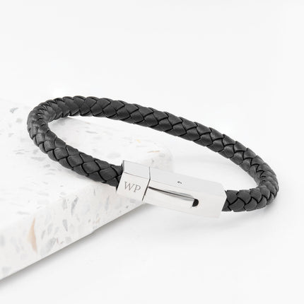 Personalised Men’s Black Leather Bracelet with Tube Clasp
