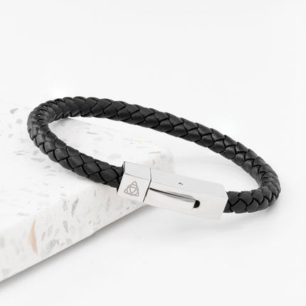 Personalised Men's Leather Celtic Trinity Bracelet With Tube Clasp