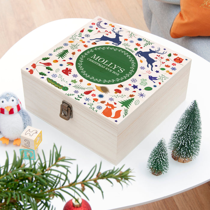 Personalised Festive Woodland Green Christmas Eve Box