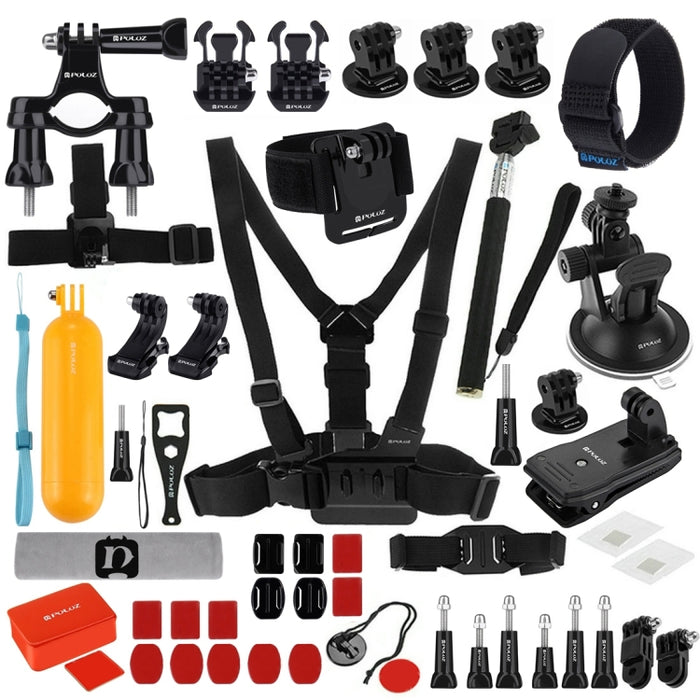 PULUZ 53 in 1 Accessories Total Ultimate Combo Kits (Chest Strap + Suction Cup Mount + 3-Way Pivot Arms + J-Hook Buckle + Wrist Strap + Helmet Strap + Extendable Monopod + Surface Mounts + Tripod Adapters + Storage Bag + Handlebar Mount) for GoPro, Ins...