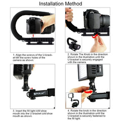 PULUZ U/C Shape Portable Handheld DV Bracket Stabilizer + LED Studio Light + Video Shotgun Microphone Kit with Cold Shoe Tripod Head  for All SLR Cameras and Home DV Camera, Bracket + Mic + LED(AE), Bracket Kits + Mic + LED(US), Bracket Kits + Mic + LED