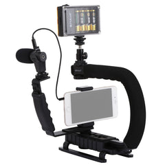 PULUZ U/C Shape Portable Handheld DV Bracket Stabilizer + LED Studio Light + Video Shotgun Microphone Kit with Cold Shoe Tripod Head  for All SLR Cameras and Home DV Camera, Bracket + Mic + LED(AE), Bracket Kits + Mic + LED(US), Bracket Kits + Mic + LED