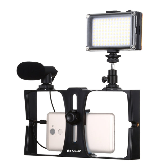 PULUZ 3 in 1 Vlogging Live Broadcast LED Selfie Light Smartphone Video Rig Kits with Microphone + Cold Shoe Tripod Head for iPhone, Galaxy, Huawei, Xiaomi, HTC, LG, Google, and Other Smartphones