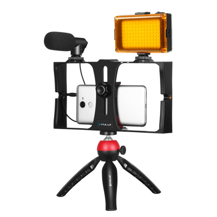 PULUZ 4 in 1 Vlogging Live Broadcast LED Selfie Light Smartphone Video Rig Kits with Microphone + Tripod Mount + Cold Shoe Tripod Head for iPhone, Galaxy, Huawei, Xiaomi, HTC, LG, Google, and Other Smartphones, 4-in-1(Blue), 4 in 1, 4-in-1(US)