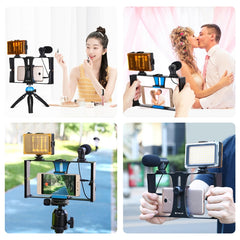 PULUZ 4 in 1 Vlogging Live Broadcast LED Selfie Light Smartphone Video Rig Kits with Microphone + Tripod Mount + Cold Shoe Tripod Head for iPhone, Galaxy, Huawei, Xiaomi, HTC, LG, Google, and Other Smartphones, 4-in-1(Blue), 4 in 1, 4-in-1(US)