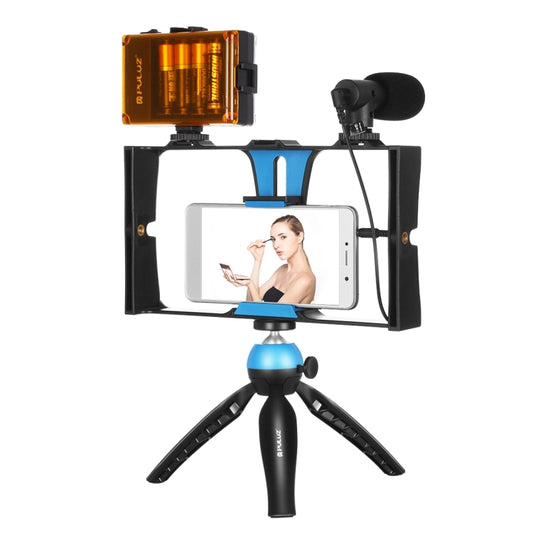 PULUZ 4 in 1 Vlogging Live Broadcast LED Selfie Light Smartphone Video Rig Kits with Microphone + Tripod Mount + Cold Shoe Tripod Head for iPhone, Galaxy, Huawei, Xiaomi, HTC, LG, Google, and Other Smartphones, 4-in-1(Blue), 4 in 1, 4-in-1(US)