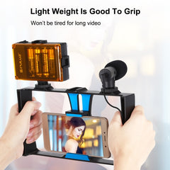 PULUZ 4 in 1 Vlogging Live Broadcast LED Selfie Light Smartphone Video Rig Kits with Microphone + Tripod Mount + Cold Shoe Tripod Head for iPhone, Galaxy, Huawei, Xiaomi, HTC, LG, Google, and Other Smartphones, 4-in-1(Blue), 4 in 1, 4-in-1(US)