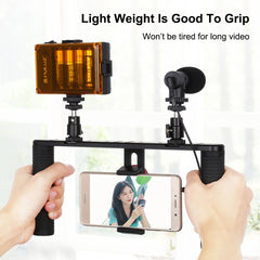 PULUZ 4 in 1 Vlogging Live Broadcast LED Selfie Light Smartphone Video Rig Handle Stabilizer Aluminum Bracket Kits with Microphone + Tripod Mount + Cold Shoe Tripod Head, Aluminum Bracket Kits