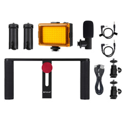 PULUZ 4 in 1 Vlogging Live Broadcast LED Selfie Light Smartphone Video Rig Handle Stabilizer Aluminum Bracket Kits with Microphone + Tripod Mount + Cold Shoe Tripod Head, Aluminum Bracket Kits