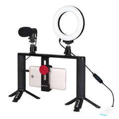 PULUZ 4 in 1 Vlogging Live Broadcast 4.7 inch 12cm Ring LED Selfie Light Smartphone Video Rig Handle Stabilizer Aluminum Bracket Kits with Microphone + Tripod Mount + Cold Shoe Tripod Head, Ring LED Aluminum Bracket Kits