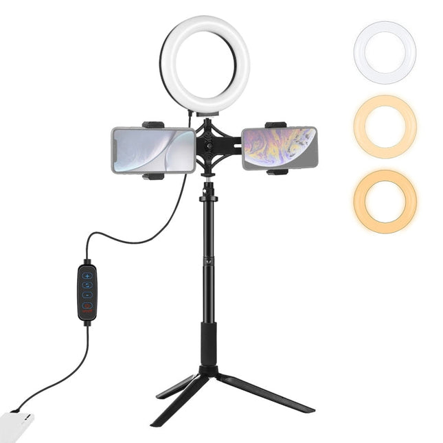 PULUZ Tripod Mount +  Extension Rod + Live Broadcast Dual Phone Bracket + 6.2 inch 16cm LED Ring Vlogging Video Light Kits, 4 in 1 Live Broadcast Kits